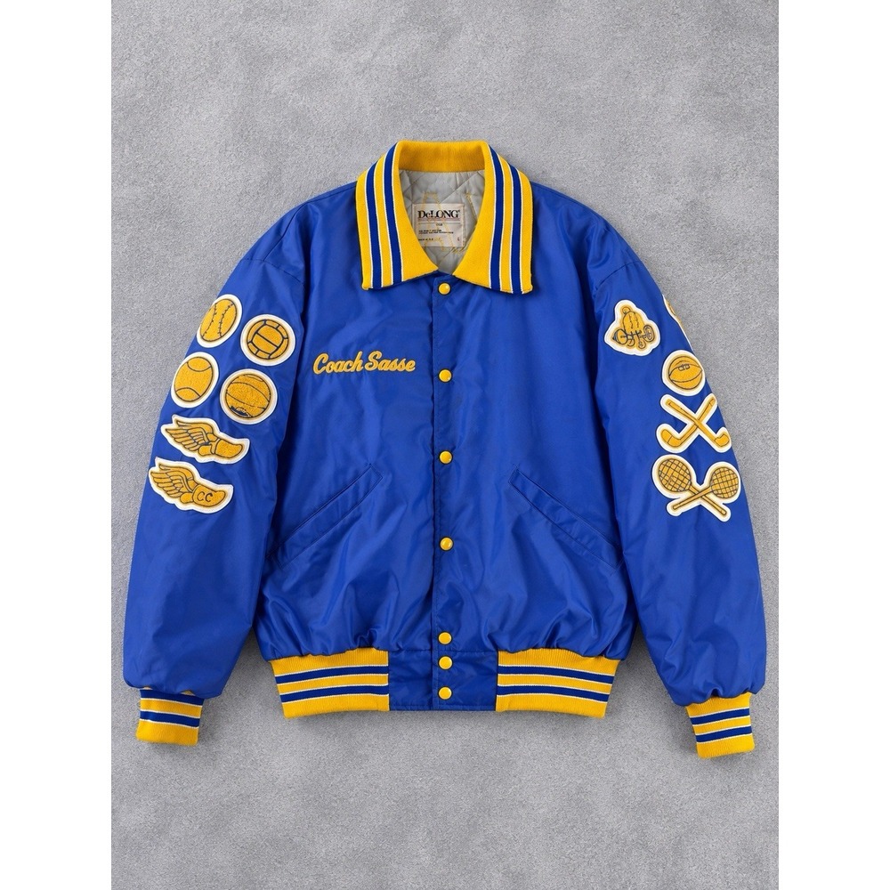 Vintage DeLONG Coach Varsity Jacket Mens Large Blue Heritage Patch USA 80s